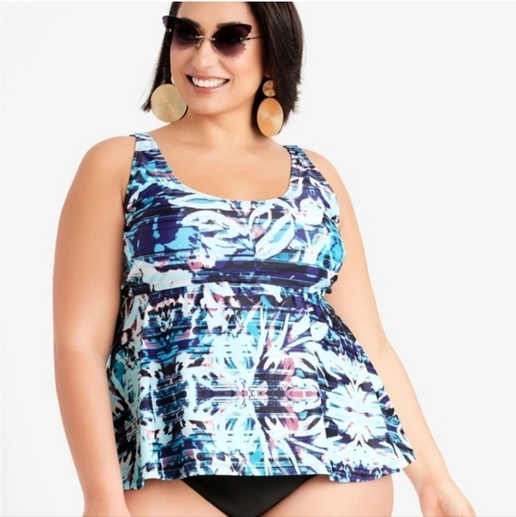 $60 NWT Noon 1 Piece Swim Skirted Bathing Suit Blue White Floral size 18 - Picture 1 of 16